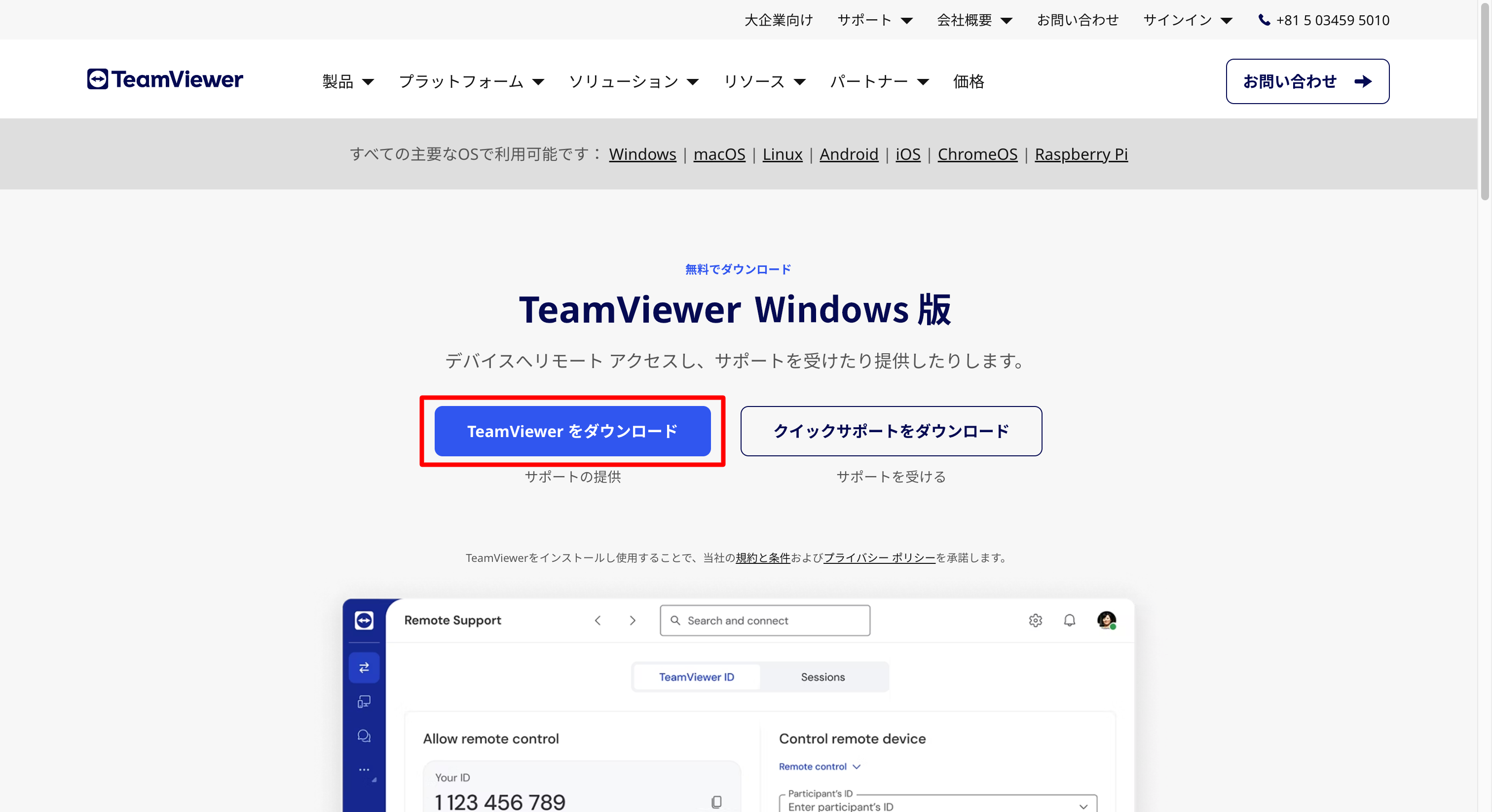 TeamViewer_ダウンロード画面（windows）
